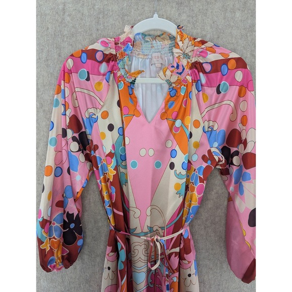 CIEBON XS 70s Style Psychedelic Print Smocked Neck Long Sleeve Mini Dress - Picture 3 of 7